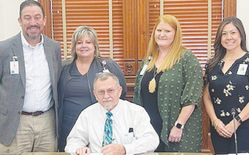 The DeWitt County Commissioners Court made a proclamation designating November as National Hospice and Palliative Care Month. Pictured from left to right are Michael Chavez, Jennifer Nichols, Judge Daryl Fowler, Melissa Cowey, and Pamela Gossett.