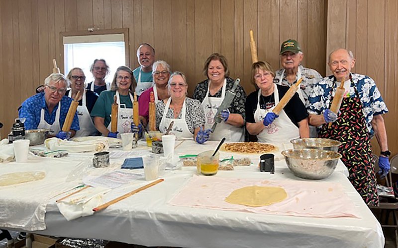 Pictured is a group from the Houston area who are friends and relatives of local parishioner, Janet Wells. They always have smiling, energetic faces, and a majority of this group have come for numerous years to be a part of this Shiner project. In general, they are “friends of parishioners” who regularly come to spend the weekend of the Strudel Bake in Shiner, and pitch in to help.