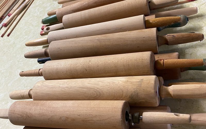 It took all these rolling pins (which are kept in storage from year to year), as well as many others that volunteers brought along, to complete the process of rolling out the 952 strudels!