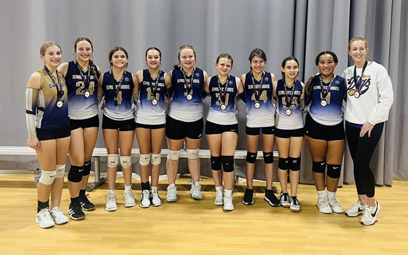 Pictured are Piper Neskora, Eastyn Pohler, Bree Nitsch, Addison Ulcak, Charlotte Hairell, Reese Lyons, Ali Trojcak, Hailey Malina, Patricia Price and Coach Charissa Christensen. Photo courtesy of Michelle Price.