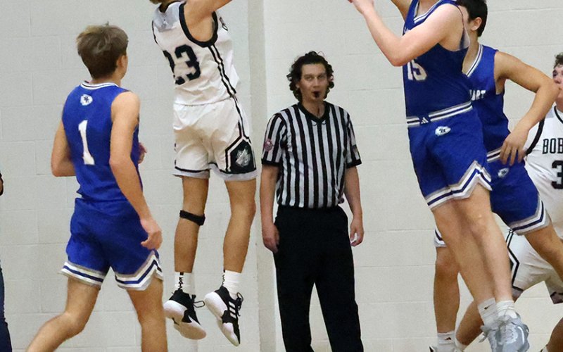 Landon Chaloupka shoots against Sacred Heart. He wrote in 11 points in the Moulton win. Photo courtesy of Chuck Grafe/Hallettsville Tribune-Herald.