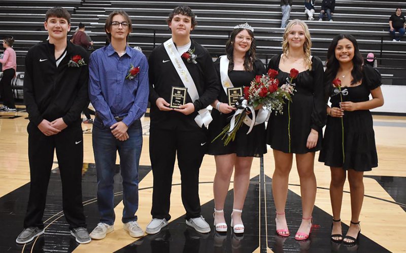 Moulton Homecoming Court from left are Seth Beyer, Vincent Obregon, Jaxon Bartos, Emma Buehring, Torin Langston, and Angeles Juarez. Photo courtesy of Moulton ISD.