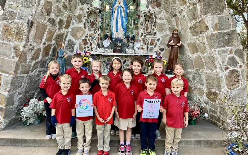 Students from Shiner Catholic Schools invite the community to join in celebrating Catholic Schools Week. Pictured are, front row, left to right, Carter M., Sam P., Tripp P., Theresa R., J.W. K., and Maddox M.; back row, left to right, Blaise B., Jhett W., Fallon B., Brinley B., Brynn P., Gemma I., and Emmy B.