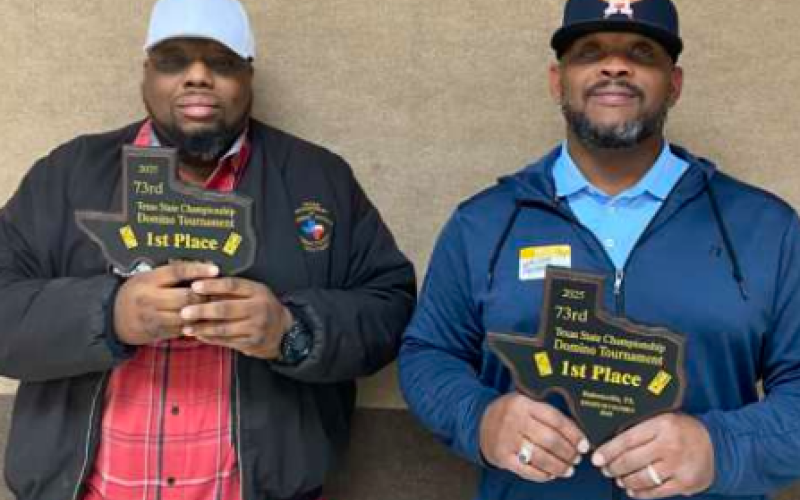 After a total of 64 straight domino teams finished playing, the Houston duo of Marcos Ford (left) and Walter Patterson III captured the state title of this year’s 73rd Annual Texas State Championship Domino Tournament. Contributed photo