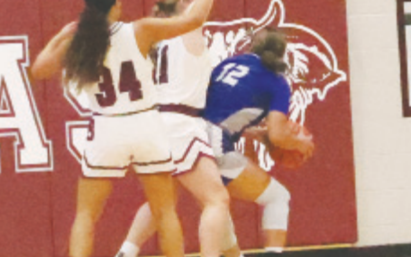 Haven Johnson (34) and Haven Drozd (11) cuts off Edna’s Shanti Guerra from the basket. Chuck Grafe/Tribune-Herald