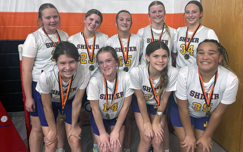 Shiner 7th grade players at the Schulenburg Tournament. Back row from left are Charlotte Hairell, Lola Hornacky, Addison Ulcak, Kendyl Boehm and Eastyn Pohler. Front row from left are Ally Trojack, Aubriannah Schaefer, Bree Nitsch and Patricia Price. Not shown are Hailey Malina and Dawn Bishop. Photo courtesy of Michelle Price.