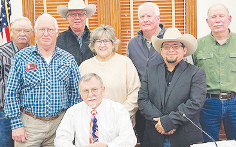 DeWitt County Commissioners made a proclamation designating the first week of March as DeWitt County Youth Livestock Show Week. Pictured from left to right are Commissioners James Kaiser, James Pilchiek, Cuero Livestock Show President Greg Gossett, Cuero Livestock Show Homemaking Coordinator Denise Goebel, Judge Daryl Fowler, Cuero Livestock Show Secretary Anthony Netardus, and Commissioners Ryan Varela and Brian Carson. Photo by Clayton Kelley.