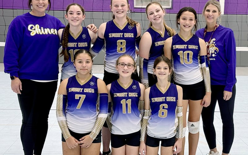 Back row from left are coach Melissa Colman, Piper Wallace, Avery Colman, Adilee Benes, Aydrianna Rosenbaum and coach Lauren Pohler. Front row from left are Amara Cuevas, Emerson Hubbard and Renee Johnson. Photo courtesy of Hali Benes.