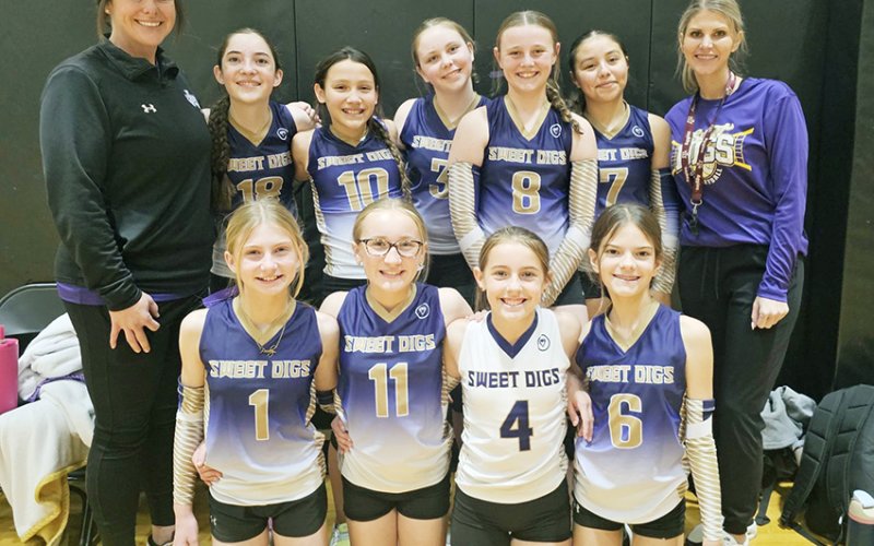 Back row from left are coach Melissa Colman, Piper Wallace, Aydrianna Rosenbaum, Adilee Benes, Avery Colman, Amara Cuevas and coach Lauren Pohler. Front row from left are Presley Pohler, Emerson Hubbard, Aria Roller and Renee Johnson.Photo courtesy of Hali Benes.