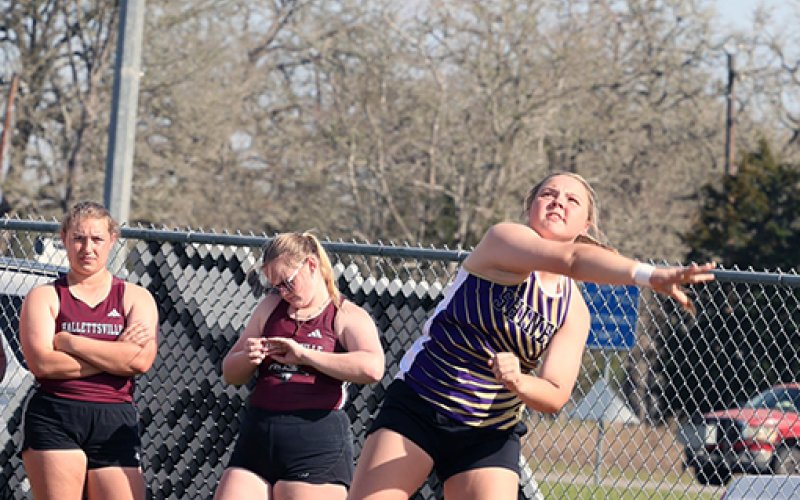 Kailey Boedeker chunks the shot put. She placed second with 108 feet, 8 inches. Photo courtesy of Chuck Grafe/Hallettsville Tribune-Herald.