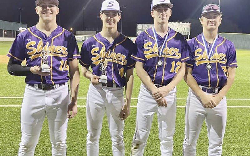 Shiner Comanches tournament award winners. From left are Charlie Clifford (CO-MVP), Jake Simper (CO-MVP), Landen Christensen (All-Tournament) and Landyn Pohler (All-Tournament) Photo courtesy of Shiner All-Sports Booster Club
