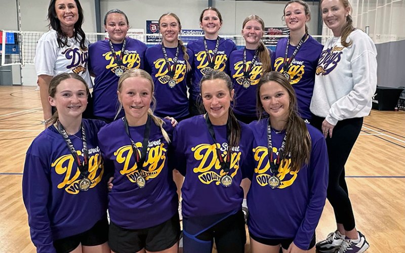 Bottom row  from left are Savannah Durrett, Tinsley Vasek, Madi Hubbard and Taylor Kocian. Top row from left are coach Leigh Ann Vasek, Jessica Whiddon, Alexis Malina, Whitley Lyons, Madison Coburn, Stella Clifford and coach Charissa Christensen. Photo courtesy of Leigh Ann Vasek.