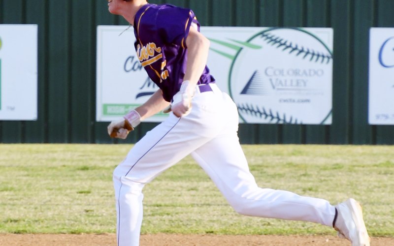 Landen Christensen (shown here against Schulenburg March 14) scored the only run in Shiner’s game against Flatonia on Saturday. Photo by Mark Lube.
