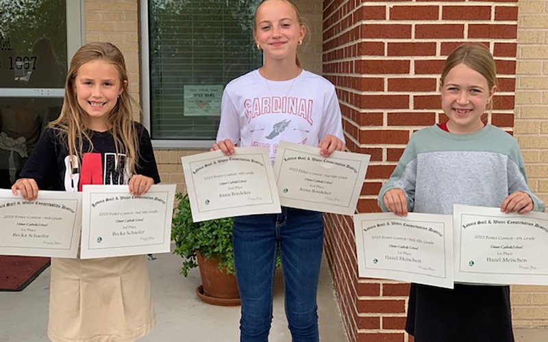 Lavaca Soil and Water Conservation District 13 selected its school-wide 3rd through 6th grade poster winners from Shiner Catholic School, who include from left Hazel Meischen (1st), Anna Boedeker (2nd) and Becka Schaefer (3rd).