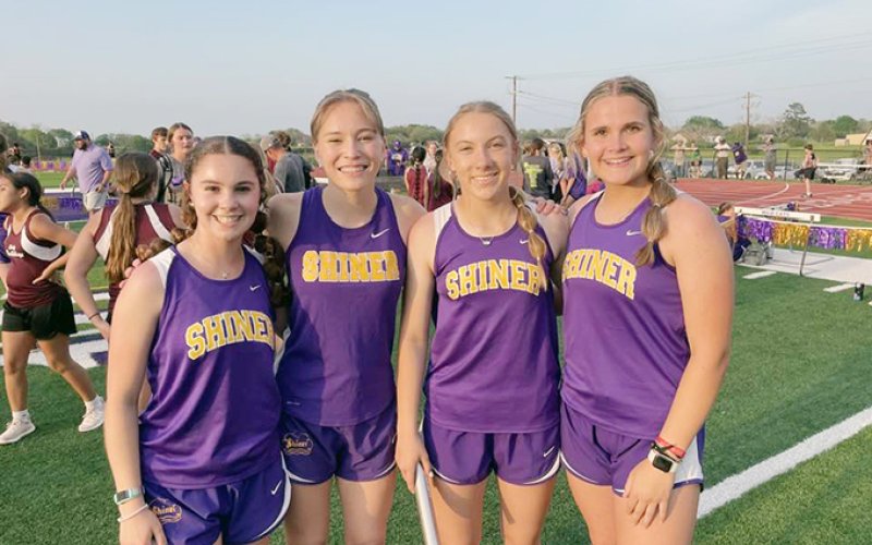 Shiner Lady Braves 8th Grade 800-meter relay team from left are Mallory Johnson, Alena Winkenwerder, Alexis Malina and Kenzie Springfield. Photo courtesy of Kristi Peterson.