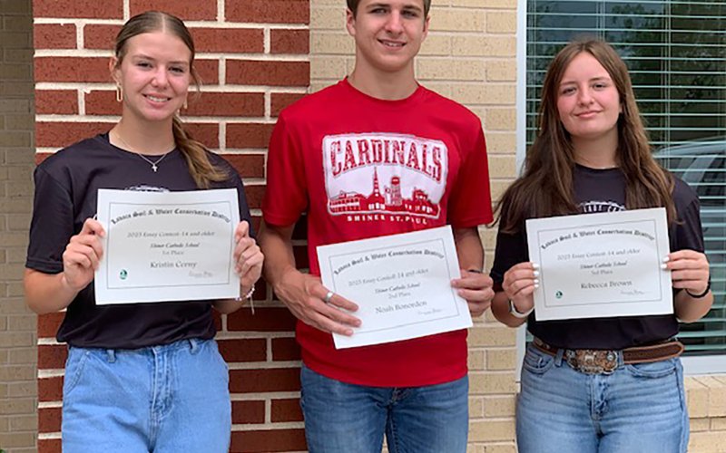 Lavaca Soil and Water Conservation District 13 selected its school-wide 14 and over essay winners from Shiner Catholic School, who include from left Kristin Cerny (1st), Noah Bonorden (2nd) and Rebecca Brown (3rd). Cerny’s and Bonorden’s essays placed second and third at district in the 14 and over division.