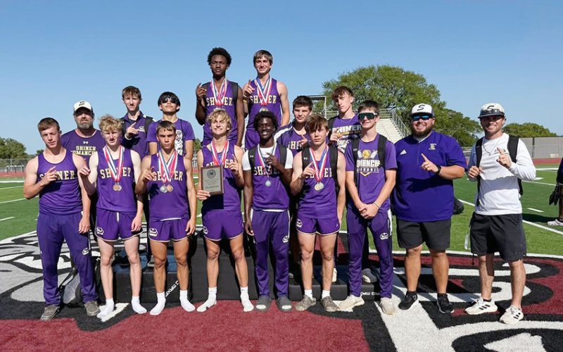 Boys area meet champions Shiner Comanches with coaches Jacob Gutierrez and Connor Stefka. Photo courtesy of Kristi Peterson.