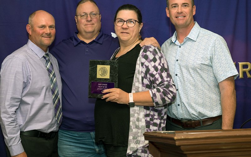 Fan Of the Year Award winners Jeff Roberts (second from left) and Betty Roberts (second from right) . Also shown are Daniel Boedeker (athletic director, left)) and Randy Christensen (Shiner Athletic Booster Club, right).Photo courtesy of Photos by Lori Raabe.