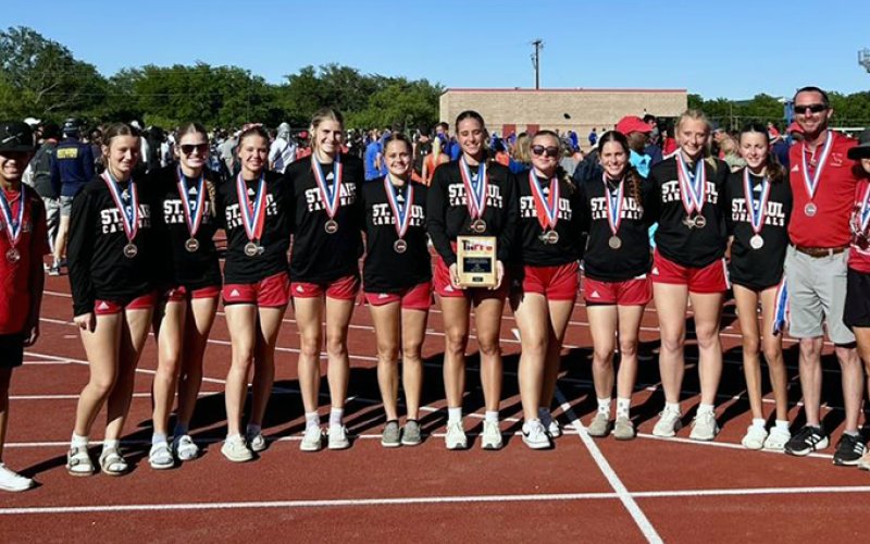 The St. Paul girls track team placed third at the state meet. From left are assistant coach Corey Anzaldua , Reese Chilek, Skylar Mozisek, Kristin Cerny, Riley Mozisek, Karis Barta, Jessica Fikac, Jenna Stock, Clara Kinney, Emery Kennedy, Emma Marshall, head coach Max Bergkamp and assistant coach Nicco Brown. Not pictured is Nora Koch. Photo courtesy of St. Paul Booster Club.