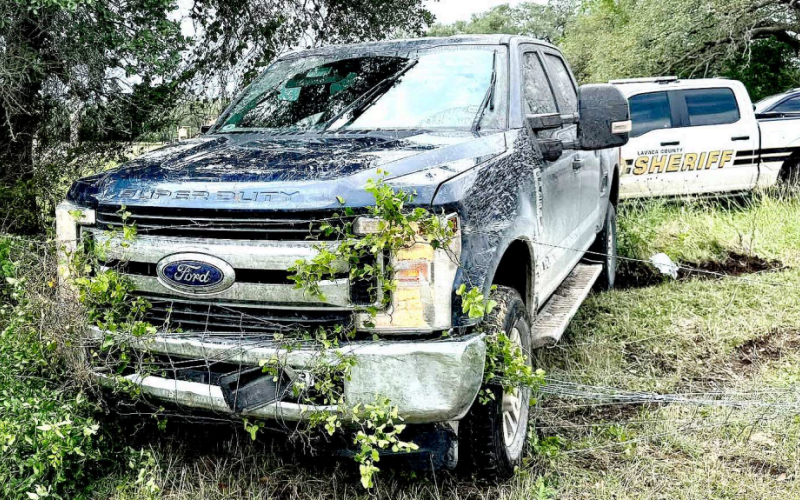 The Ford pickup, reported stolen out of Brazoria County, sits in a field in the northern Lavaca County area. The vehicle was used by two subjects, who bailed out of the truck following a law enforcement chase last Tuesday, May 6. The two subjects, described as Hispanic males in their late 20’s and both under six feet tall, led officers to an area between Highway 77 North and CR 240. According to Sheriff Steven Greenwell, the two subjects remain at large. Photo courtesy of the LCSO Facebook page