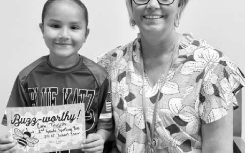 Cora Trujillo recently won the 2nd grade Spelling Bee at Yoakum Primary School (YPS). Pictured from left to right are Trujillo and YPS Principal Rebecca Fitch. Not pictured is Mauricio Vigna, winner of the 1st grade Spelling Bee.