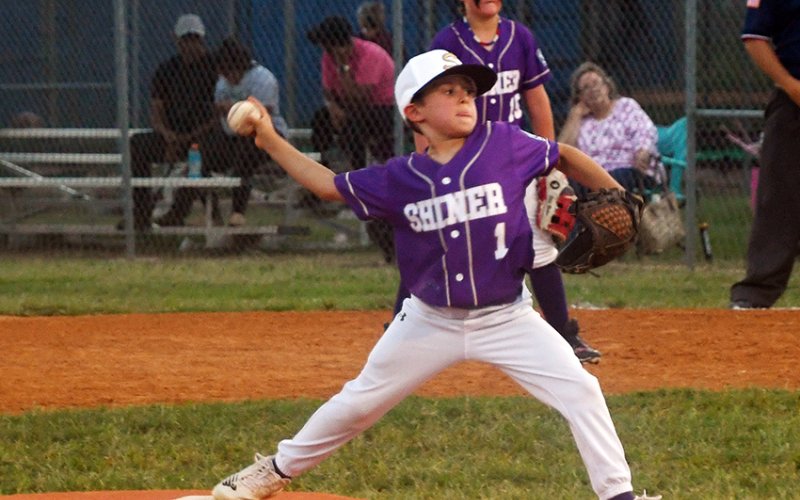 Brycen Rehak throws a pitch in the game against Cuero June 4. Shiner lost in extra innings 2-1. Photo by Mark Lube.