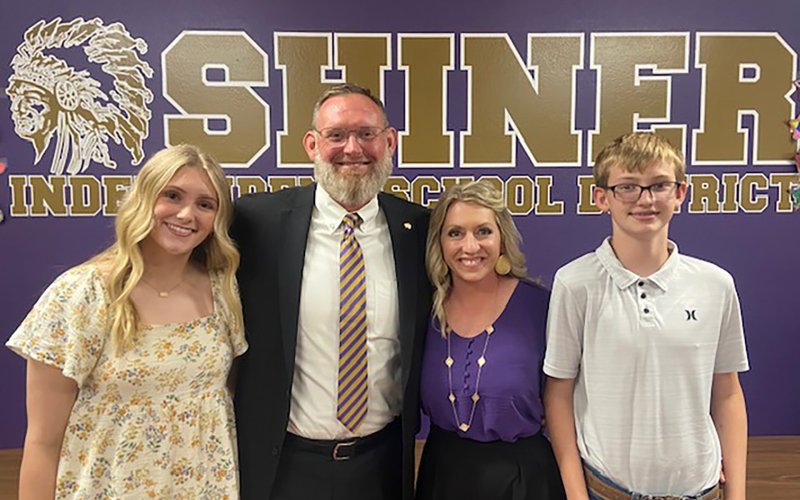 Lee Vi Moses has been named as Shiner ISD’s new Superintendent. Pictured are, left to right, daughter Jo Moses, Lee Vi Moses, wife Beth Moses, and son Luke Moses.
