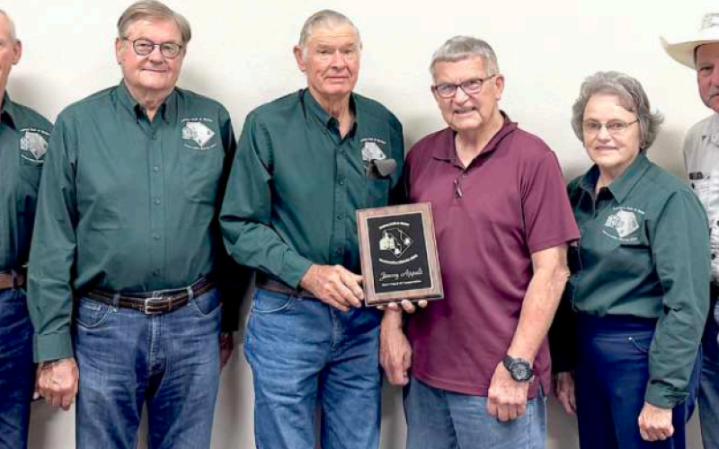 Hallettsville resident Jimmy Appelt was presented the 2025 Lavaca County Friend of Conservation award by the Lavaca Soil and Water Conservation District (SWCD). The award presentation took place at the LSWCD board meeting held Wednesday morning, June 11. From left are LSWCD board members Mike Hanslik, James Steffek, Dennis Haas, Appelt, Dorothy Henke and Wayne Rother. Photo by Jessica Jansky