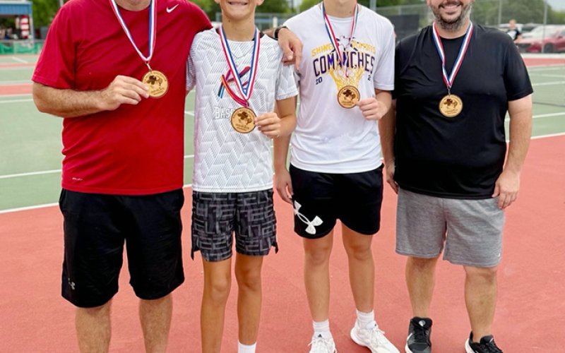 Half Moon Holidays Tennis Tournament. Men’s Doubles Runners-Up are Wade Johnson,Sr. (left) and Wade Johnson,Jr. (second from left). Men’s Doubles Champions are Carson Brown (second from right) and Zach Sims (right). Photo courtesy of Courtney Johnson.