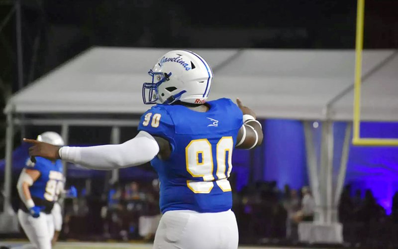 Junior defensive lineman Doug Brooks in action for the Javelinas during the 2024 season. Photo courtesy of TAMUK Athletic Department.