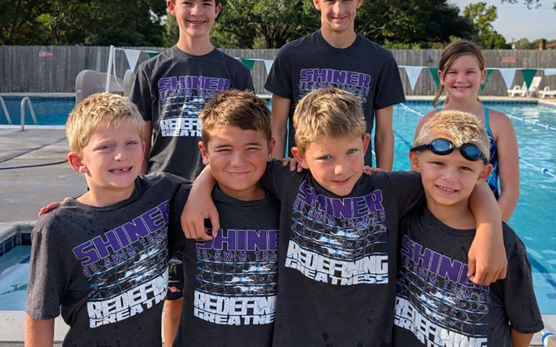 Shiner Stingray Swim Team members advancing to state include, front row, left to right, Charlie Park, Owen Gutierrez, Jack Park and Maston Davis; back row, left to right, Pierce Wallace, Austin Blaschke and Kori Kacir.