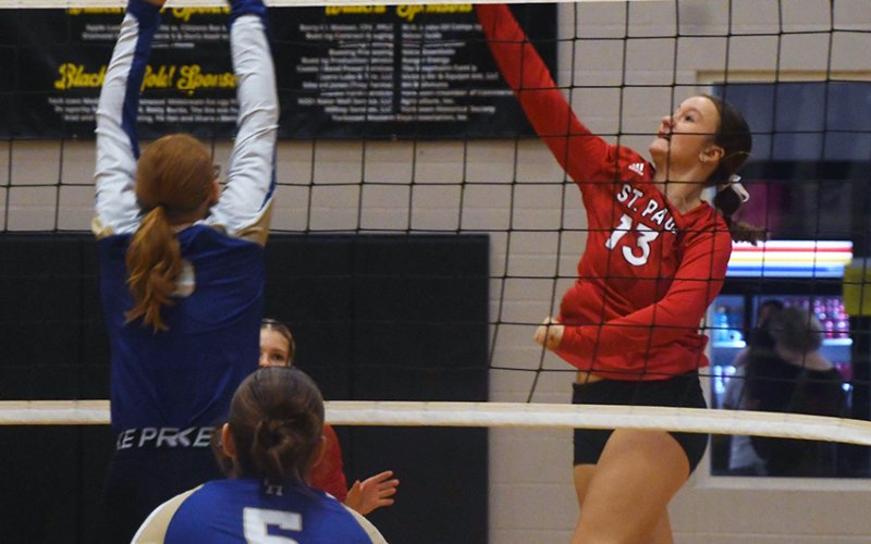 Reese Chilek with the attack against Louise Friday morning in Yorktown. She had two kills in the match. Photo by Mark Lube.
