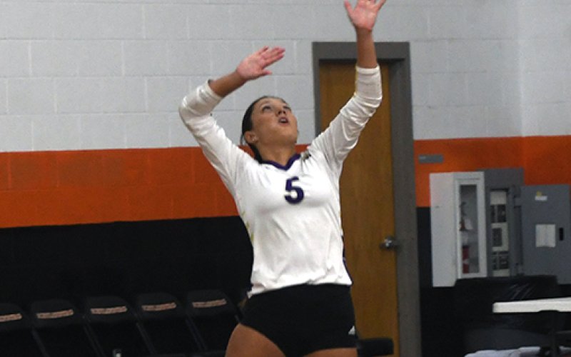 Kylynn Ramirez serves against Weimar on Friday morning. Photo by Mark Lube.