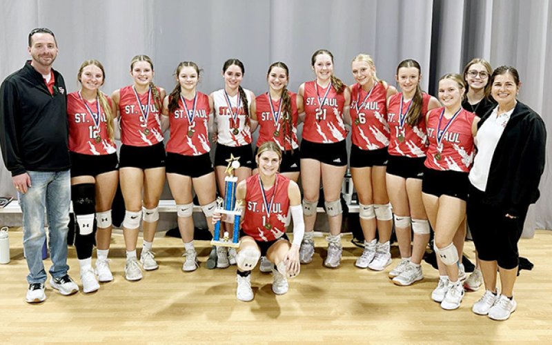 The Lady Cardinals took first place in the Silver bracket at the San Marcos Hill Country Tournament while displaying their brand-new uniforms. Kneeling is Riley Mozisek. Back row from left are Max Bergkamp (head coach), Sloane Kocian, Skylar Mozisek, Annabelle Collins, Tatum Walker, Faith Brown, Addy Matias, Emery Kennedy, Reese Chilek, Lexie Ulcak, Frances Filip (manager) and Nicco Brown (assistant coach). Photo courtesy of Shiner Catholic School.