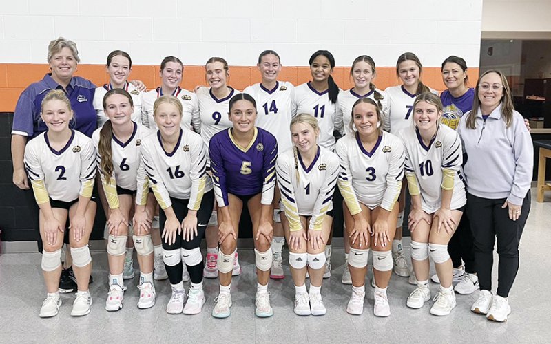 The Shiner varsity volleyball team won the Gold bracket consolation to place third at the Schulenburg Tournament last week. Bottom row from left are Addie Prove, Savannah Durrett,Tinsley Vasek, Kylynn Ramirez, MaKenna Pish, Riley Fluitt, Sadie Carter and Anatascia Rehak (assistant coach). Top row from left are Kristi Peterson (assistant coach), Harlee Sevcik, Paisly Wallace, Lexi Boner, Kayden Smith, Kiera Curtis, Madi Hubbard, Taylor Kocian  and Desiree Nitsch (head coach). Photo courtey of Shiner ISD.
