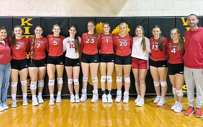 St. Paul Lady Cardinals Yorktown Tournament 2025 runner up. From left are Nicco Brown (assistant coach), Annabelle Collins, Faith Brown, Skylar Mozisek, Tatum Walker, Addy Matias, Riley Mozisek, Sloane Kocian, Reese Chilek, Lexie Ulcak and Max Bergkamp (head coach). Photo courtesy of Max Bergkamp.