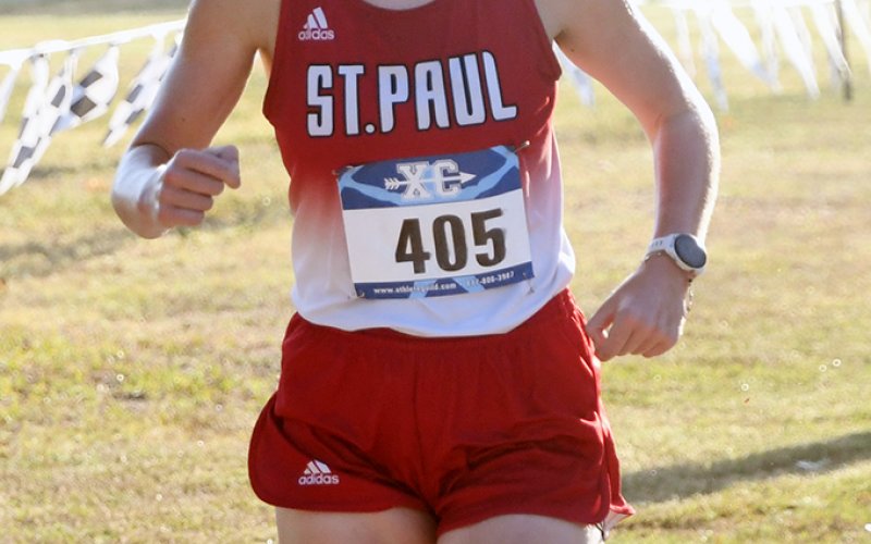 Kristin Cerny was the St. Paul girls top finisher with second place to help her team win the varsity girls 1A-2A race at the Moulton meet Saturday. Photo by Mark Lube.