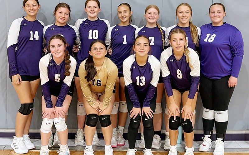The 2025 Shiner JV Purple volleyball team went 9-for-9 in district matches and was 18-3 overall. Back row from left are Adalyn Migl, Dannica Beinhauer, Whitley Lyons,Chloe Matula, Madison Coburn, Alexis Malina and Jessica Whiddon. Front row from left are Mallory Johnson,Reagan Robles, Allie Garcia and Kaysen Fleeman. Photo courtesy of Hannah Smith.