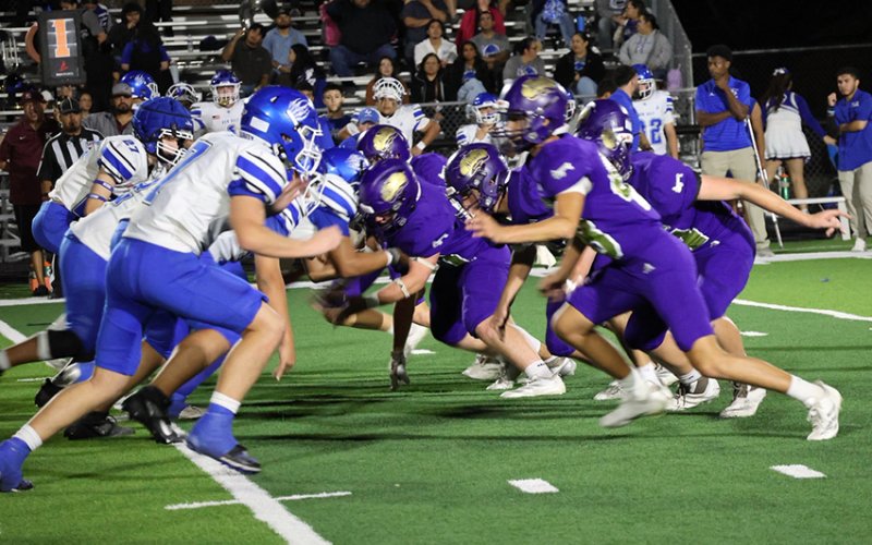 The Shiner offensive line in action against Ben Bolt Thursday night in Kenedy. Photo courtesy of Louann Heinsohn.