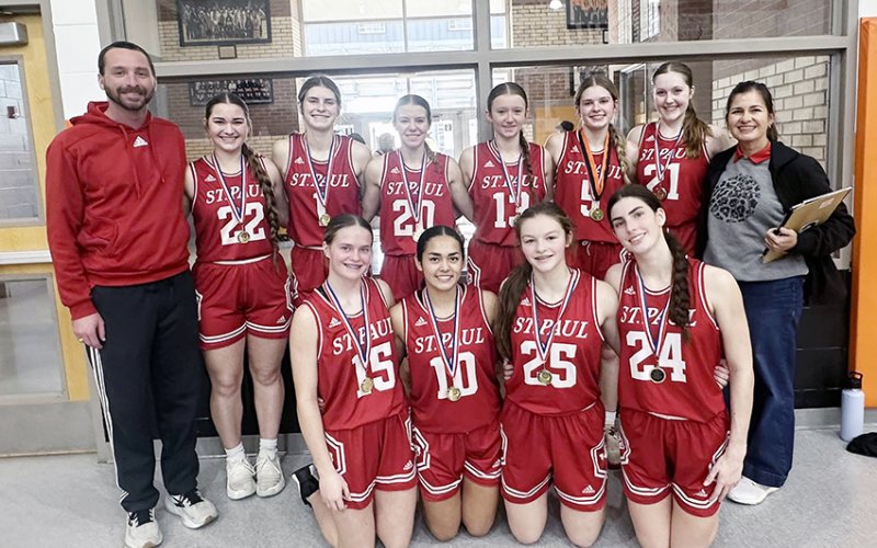 The Lady Cardinals basketball team won the Silver Bracket last weekend at the Schulenburg Tournament. Bottom row from left are McKinley Jacobs, Emori Rodriguez, Annabelle Collins and Ashlin DeSarro. Top row from left are head coach Max Bergkamp, Faith Brown, Riley Mozisek, Kristin Cerny, Reese Chilek, Skylar Mozisek, Addy Matias and assistant coach Nicco Brown. Photo courtesy of Max Bergkamp.