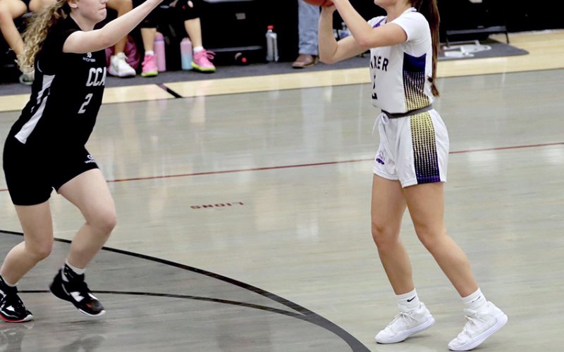 Marie Johnson gets ready to try a shot in Shiner’s Fayetteville Tournament game against Bryan Cornerstone Christian Academy on Saturday. Photo courtesy of Louann Heinsohn.