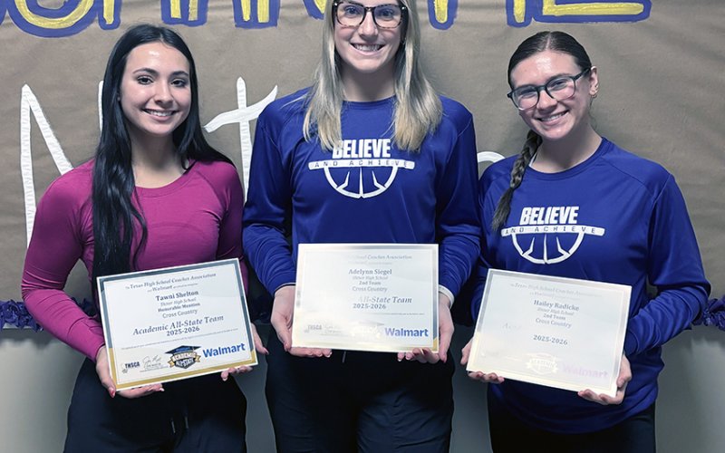 Texas High School Coaches Association (TGCA) Academic All-State Cross-Country and Support Team Shiner winners. From left are Tawni Shelton (Honorable Mention), Addy Siegel (Second Team) and Hailey Radicke (Second Team). Photo courtesy of Michelle Winkenwerder.