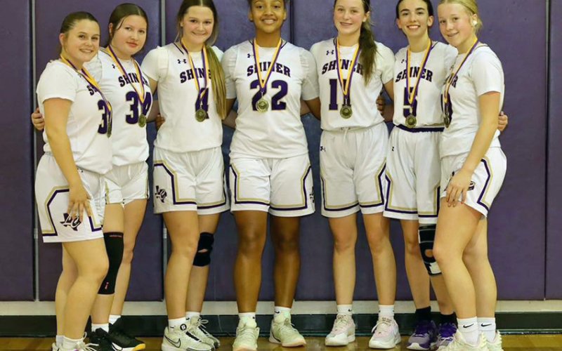 The Lady Comanches junior varsity team won both games Saturday to win their home tournament. From left are Jewel Caka, Dannica Beinhauer, Taylor Kocian, Timbarlynn Jones, Madi Hubbard, Megan Burns and Tinsley Vasek. Not pictured is coach Michelle Winkenwerder. Photo courtesy of Kristi Peterson.