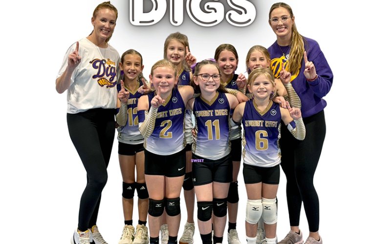 Front row from left are Tatum Burlin, Jessa Caka and Caroline Wiederhold. Back row from left are  coach Carissa Christensen, Tilde Netardus, Hadley Trojcak, Chaley Holik, River Schmidt and 11U coach Jill Burlin. Photo courtesy of Sarah Netardus.