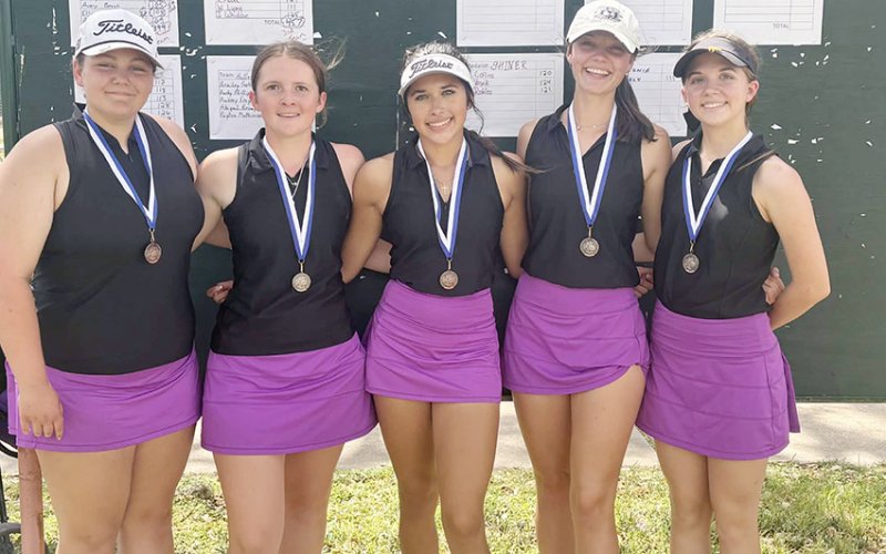 The Lady Comanches golf team got third at the Sacred Heart tournament last week. From left are Jessica Whiddon, Whitley Lyons, Jaleigh Ramirez, Evy Johnson and Raleigh Moore. Not pictured are individual golfers Maddie Collins, Reagan Robles and Tinsley Vasek. Photo courtesy of Michelle Winkenwerder.