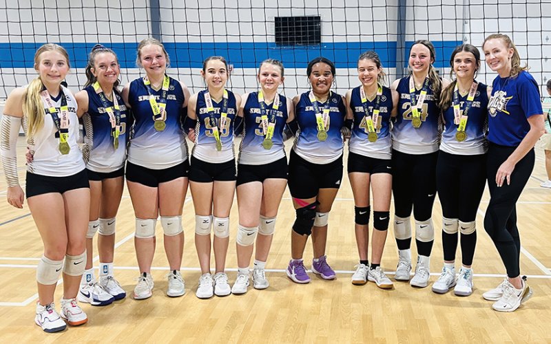 From left are Pyper Neskora, Addison Ulcak, Charlotte Hairell, Hailey Malina, Reese Lyons, Patricia Price, Ally Trojcak, Eastyn Pohler  Bree Nitsch and coach Charissa Christensen. Photo courtesy of Michelle Price.