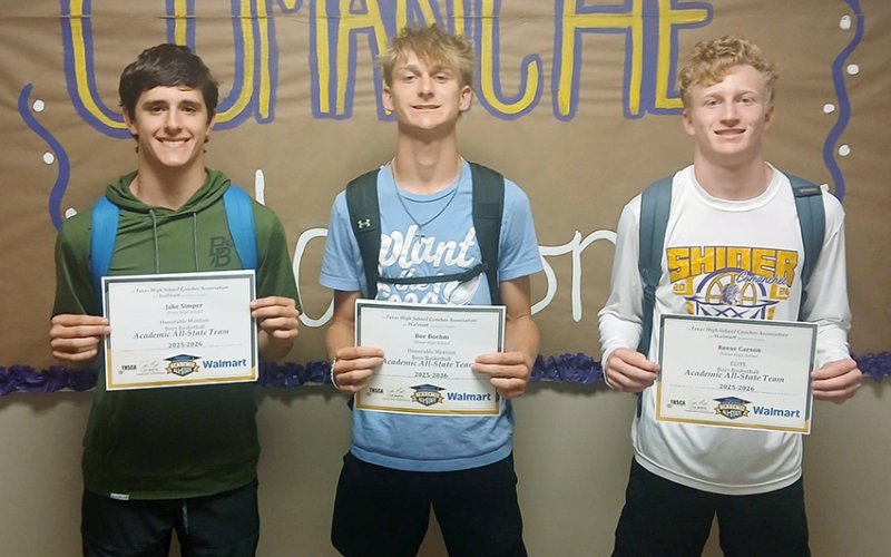From left are Jake Simper (Academic All-State), Boe Boehm (Academic All-State) and Reese Carson (Elite Academic All-State). Photo courtesy of Jeff Akin.