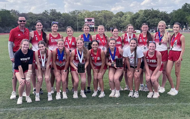 The Lady Cardinals are TAPPS 2A-3 track and field champions. Photo courtesy of Shiner Catholic School.