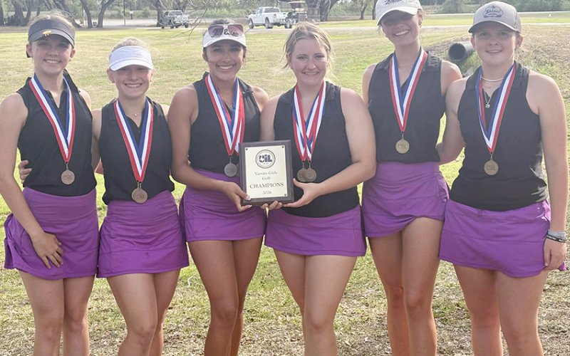 The district champions Shiner A team second from left are Addie Prove, Jaeleigh Ramirez, Olivia Akin, Evy Johnson and Whitley Lyons. Also shown is Raleigh Moore (left, regional qualifier). Not shown is regional alternate Jessica Whiddon. Photo courtesy of Michelle Winkenwerder.