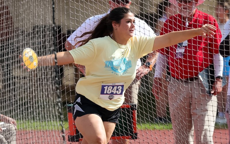 Audrey Swinford had a top throw of 122 feet, 11 inches to win runner up in the 1A discus. Photo courtesy of Nicole Smith/Luling Newsboy &amp; Signal.